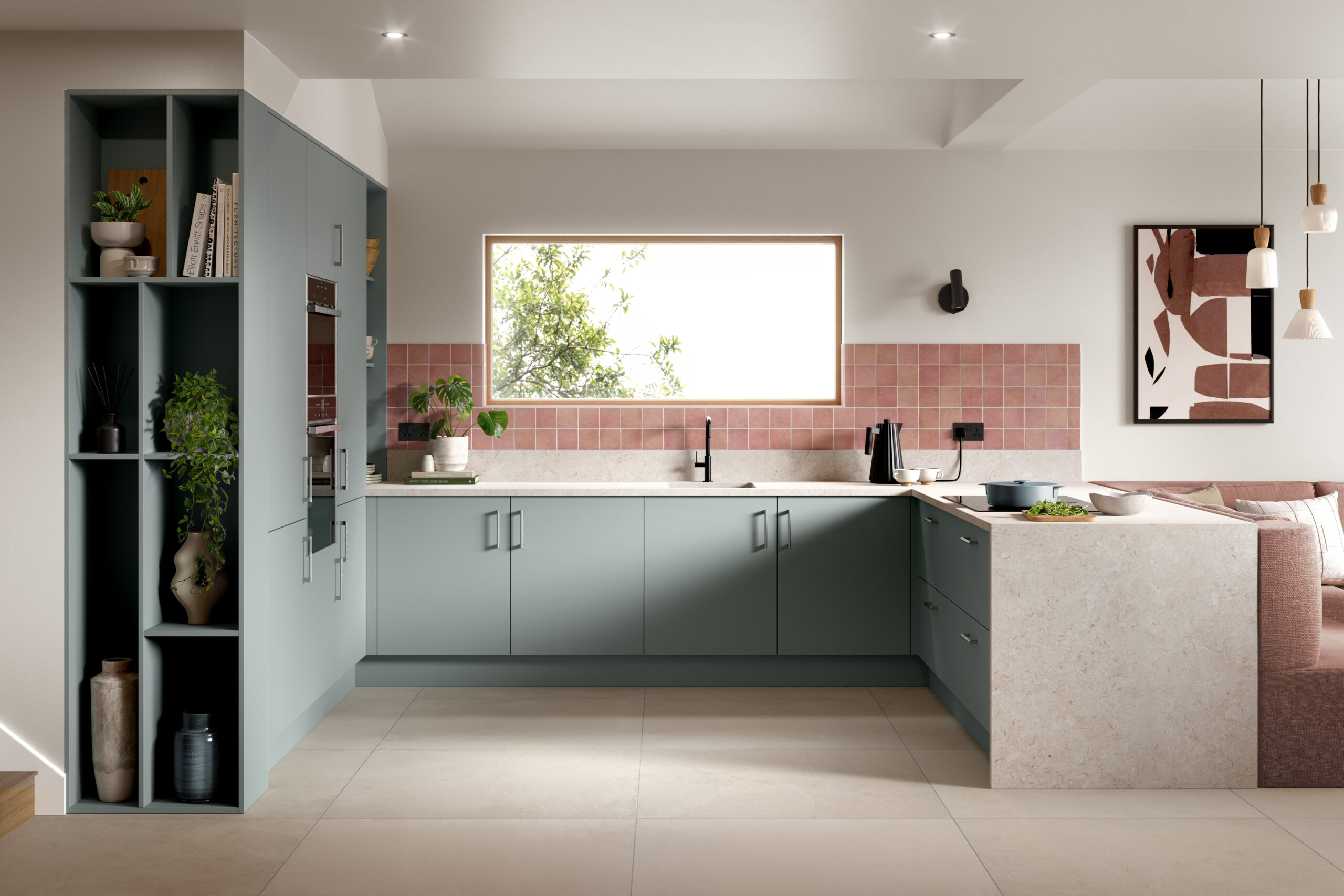 A modern family kitchen with aquamarine supermatt cabinets
